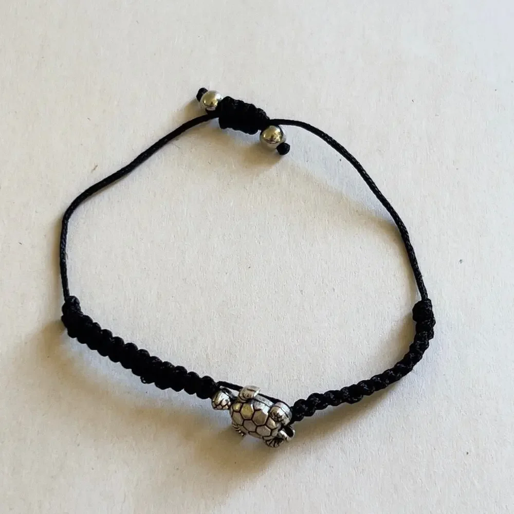 Turtle Black Adjustable Bracelet Silver Tone Charm Children's Size Handmade